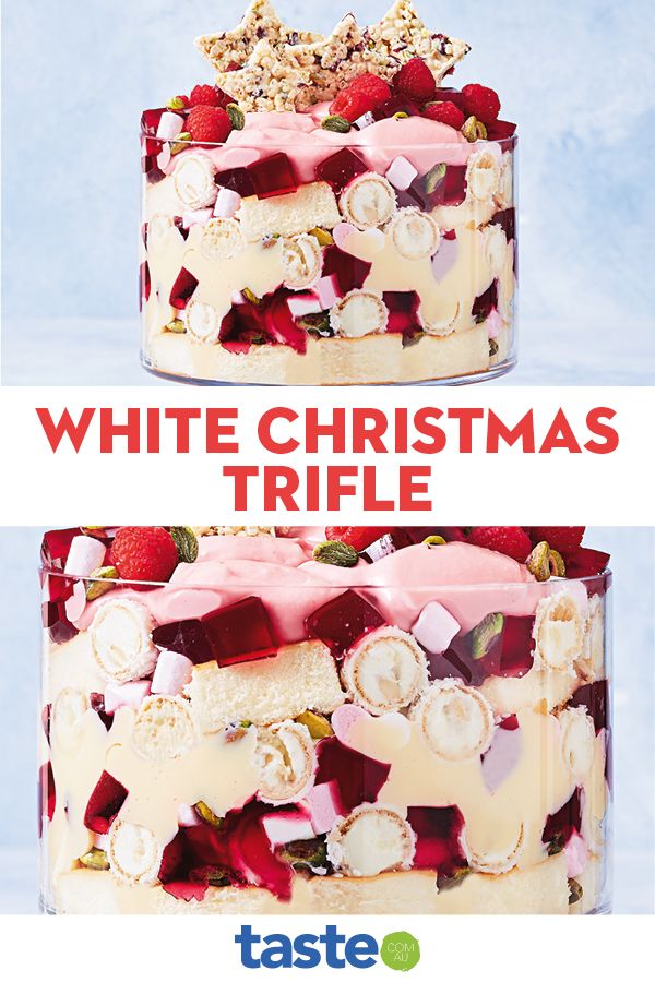 a white christmas trifle cake with strawberries and bananas on top is shown in two separate images