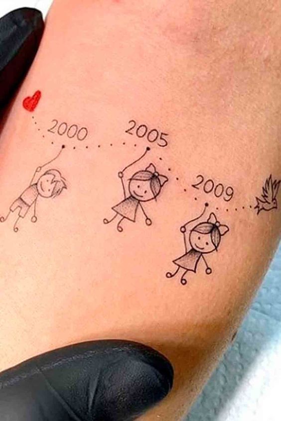 a person with a small tattoo on their arm that has numbers and people drawn on it