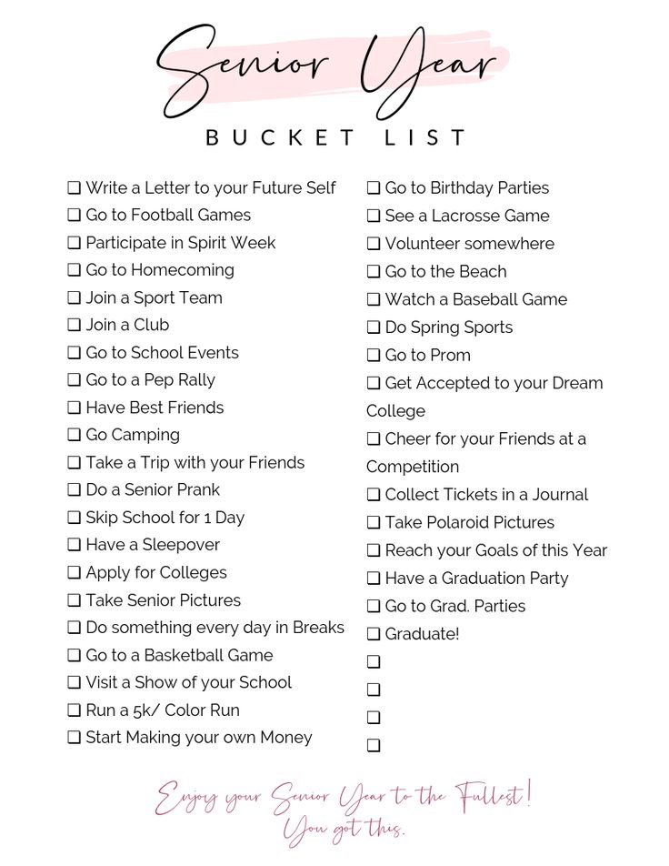 a pink and white checklist with the words senior year bucket list