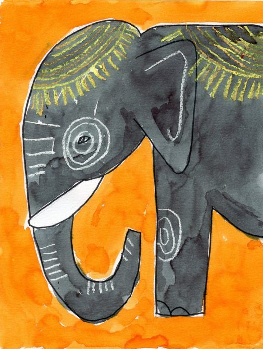 an elephant painted on top of a piece of paper with the letter c in it's trunk