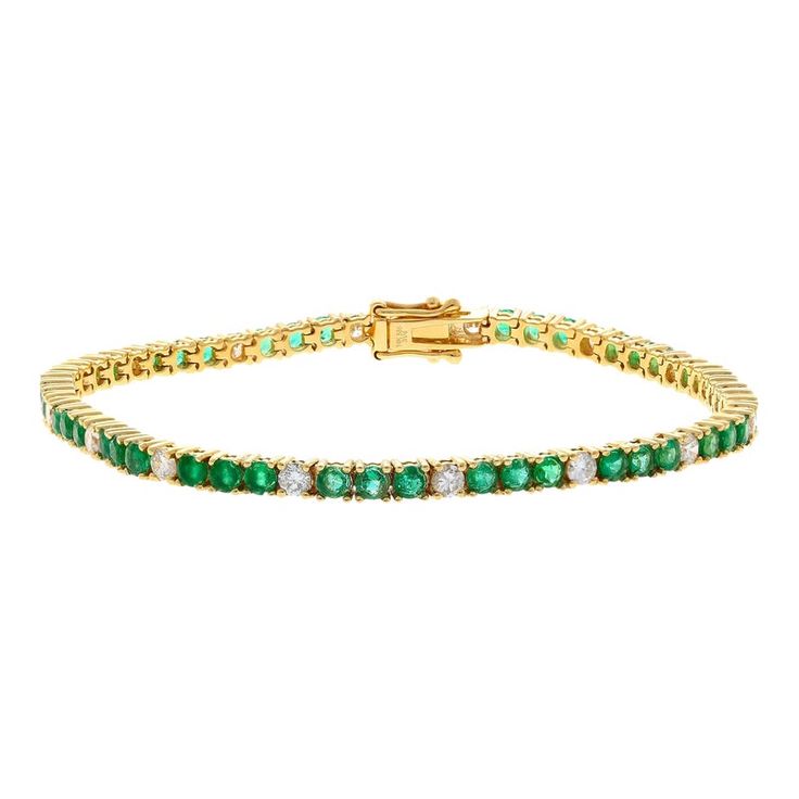 This tennis bracelet is available in both 14K White Gold and 14K Yellow Gold.  The white gold bracelet features a stunning combination of 50 round cut emeralds 3.1 carats, and 16 round cut lab-grown diamonds 1.16 carats, all set in a classic 4-prong setting. The yellow gold bracelet showcases a beautiful combination of 28 round cut rubies and 28 round cut lab-grown diamonds, all secured in a classic 4-prong setting.  Each bracelet weighs 9.07 grams and measures 7 inches in length and 3.2mm in width.  Details:  - Item Type: Tennis Bracelet - Metal: 14K White Gold Or Yellow Gold - Weight: 9.07 Grams each - Bracelet Length: 7 inches each - Bracelet width: 3.2mm - Clasp: Box + Double Safety Latch   Emerald Details:  - Cut: Round - Quantity: 50 - Carat: 3.1 CTTW - Color: Green - Setting: 4 pron Classic Green Diamond Bracelet With Brilliant Cut, Classic Emerald Tennis Bracelet With Jubilee Style, Classic Green Diamond Jubilee Bracelet, Green Cubic Zirconia Tennis Bracelet For Formal Occasions, Formal Green Cubic Zirconia Tennis Bracelet, Classic Green Round Diamond Bracelet, Green Diamond Tennis Bracelet With Prong Setting, Classic Green Bracelet With Brilliant Cut, Fine Jewelry Green Tennis Bracelet For Anniversary