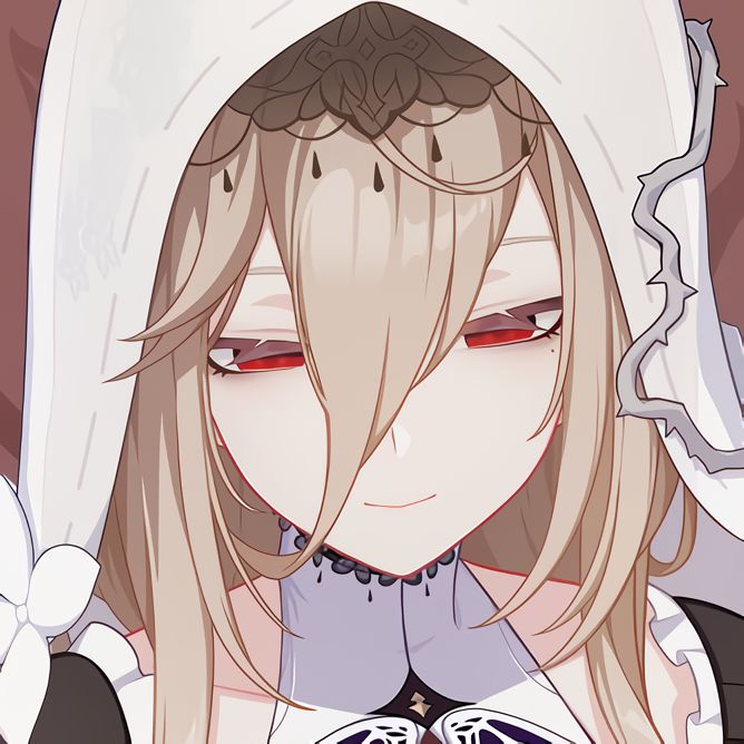 an anime character with long blonde hair and red eyes wearing a white hoodie over her head