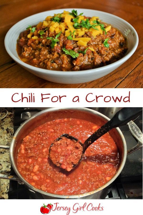 chili for a crowd in a white bowl