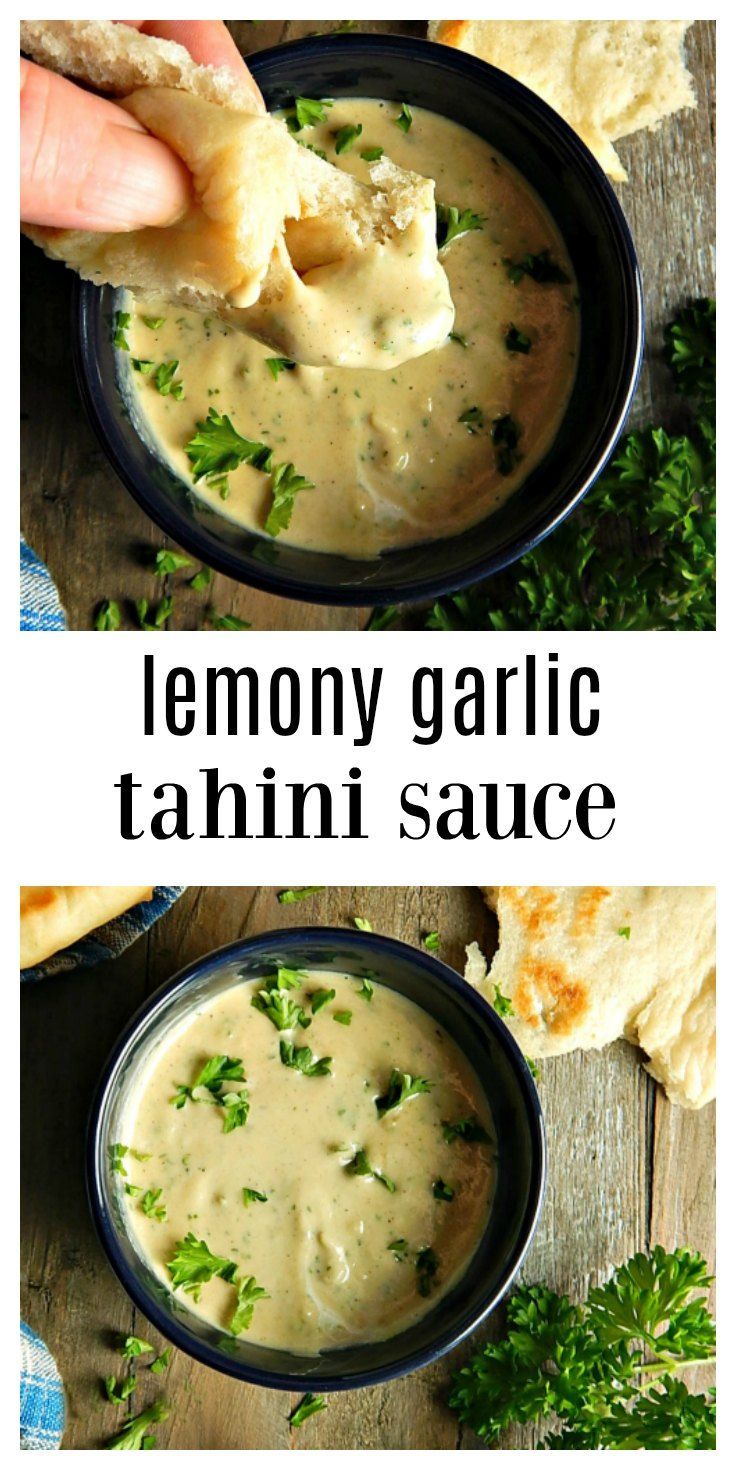 two images showing how to make lemon garlic tahini sauce with pita bread on the side