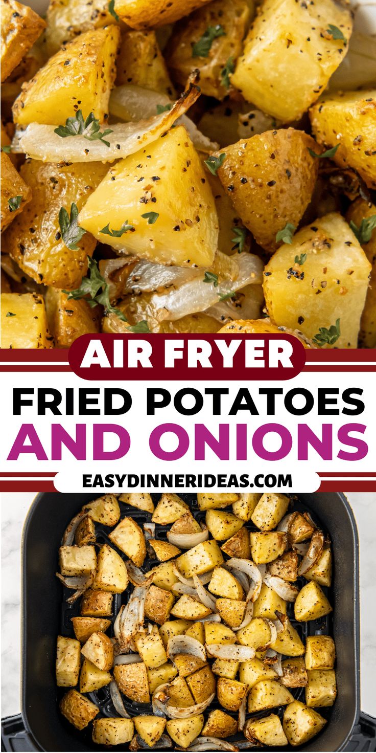 air fryer fried potatoes and onions with text overlay