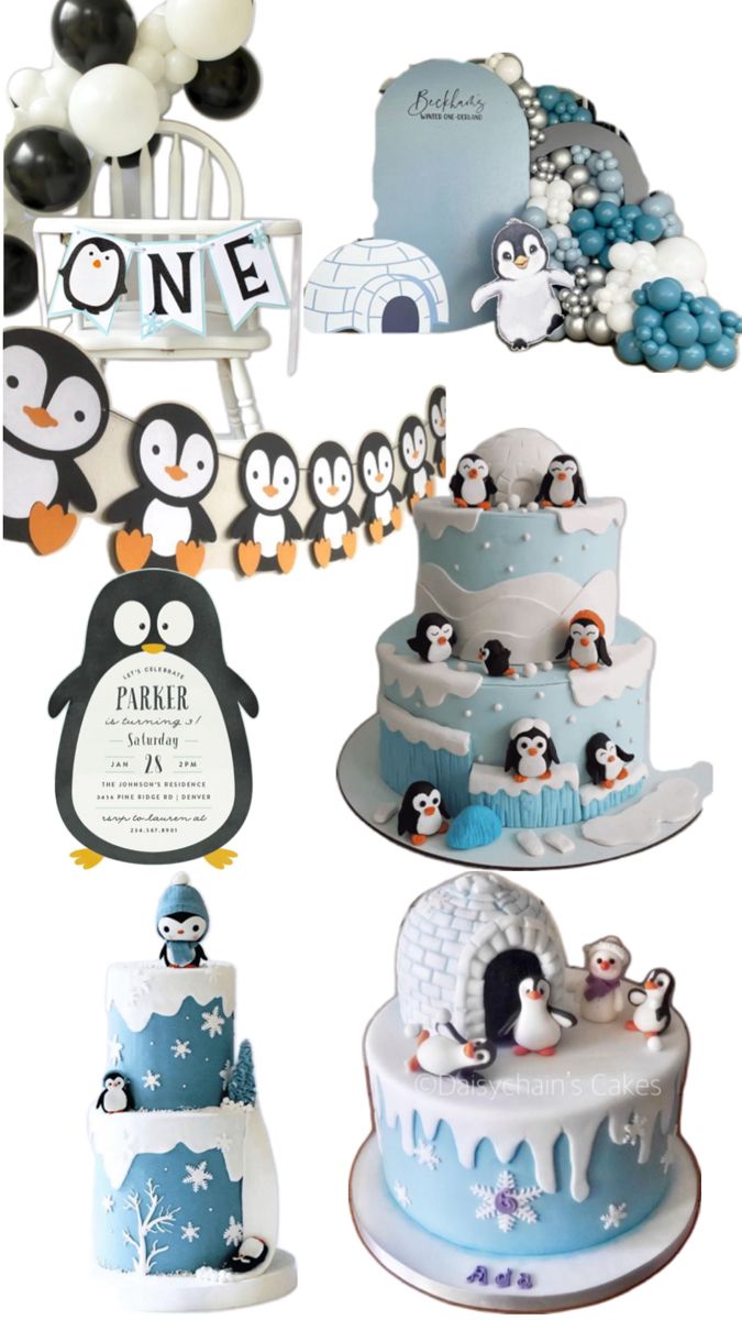 The vision board contains ideas for cake, decorations, invitations, name board. Penguin Themed Birthday Party, Penguin Birthday Party, Penguin Birthday, Themed Birthday Party, Birthday Cake, Birthday Party, Cake, Birthday