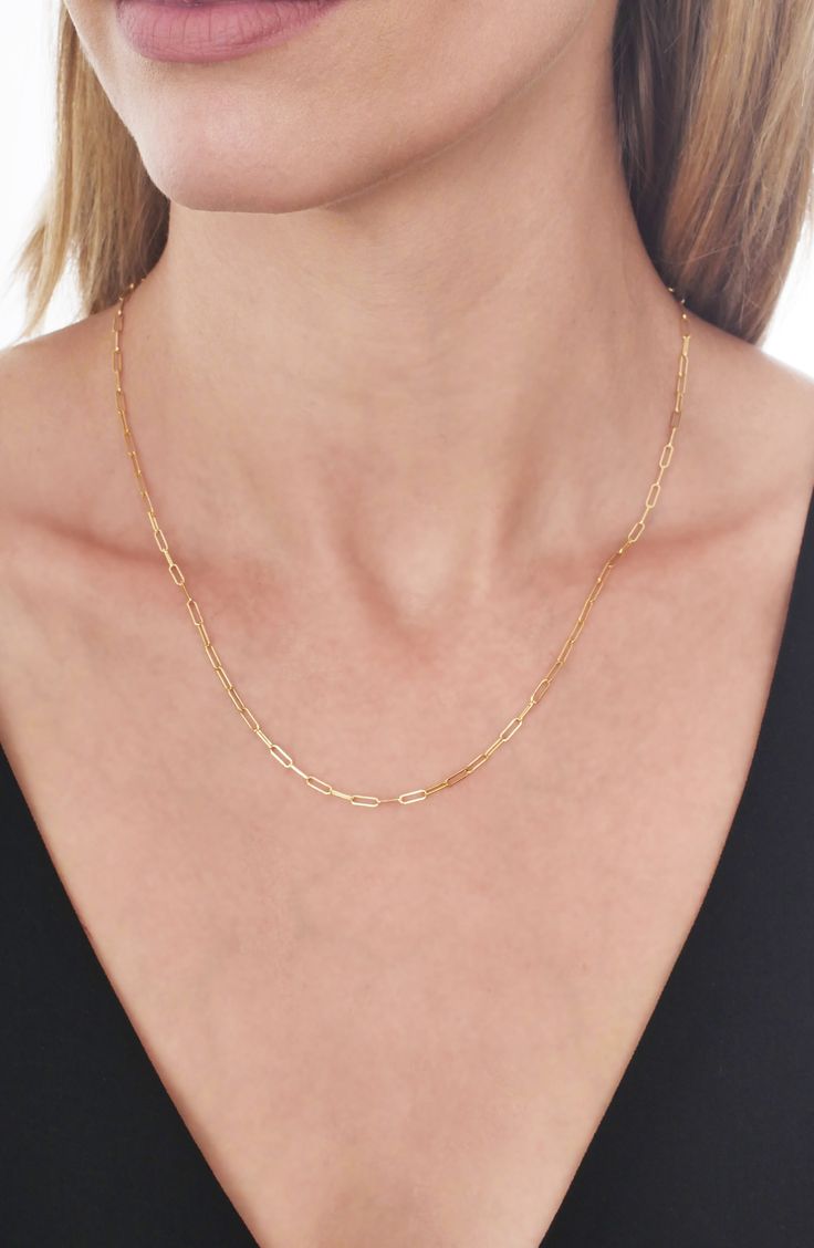 Paperclip links fashioned from 14-karat gold modernize this quiet, everyday necklace. Style Name:Bony Levy 14K Gold Chain Necklace (Nordstrom Exclusive). Style Number: 5972543. Everyday Fine Jewelry Paperclip Chain Necklace, Timeless 14k Gold Chain Necklace With Rectangular Links, Minimalist 14k Gold Formal Necklace, Minimalist 14k Gold Oval Link Necklaces, Minimalist 14k Gold Formal Chain Necklace, Dainty 14k Gold Chain Necklace For Formal Occasions, Formal 14k Gold Paperclip Chain Necklace, Dainty 14k Gold Necklace With Rectangular Links, Dainty Formal Necklace With Paperclip Chain