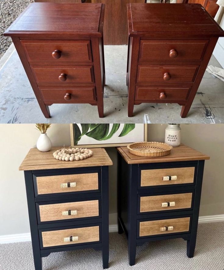 two nightstands side by side, one is black and the other has brown drawers