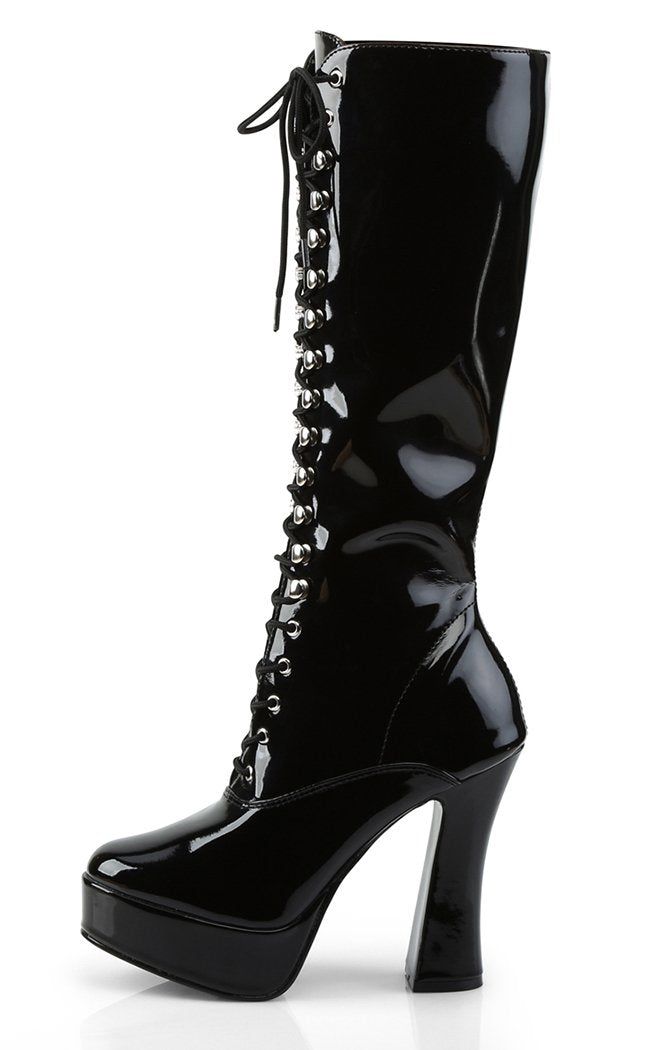 The Electra-2020s are the ultimate platform shoes from Pleaser! Step into these boots and be the baddie that you are! HEEL/PLATFORM : 5" Heel, 1 1/2" PFFIT GUIDE : True to sizeVEGAN : Yes High-top Patent Leather Platform Boots For Party, High Cut Black Platform Boots For Club, Fitted Round Toe Platform Boots For Halloween, Gothic Boots With Polyurethane Material And Round Toe, Gothic Boots With Polyurethane And Round Toe, Black Polyurethane Platform Boots For Club, Punk Patent Leather Platform Boots For Party, Fitted High Heel Boots For Streetwear, Halloween High Heel Fitted Boots