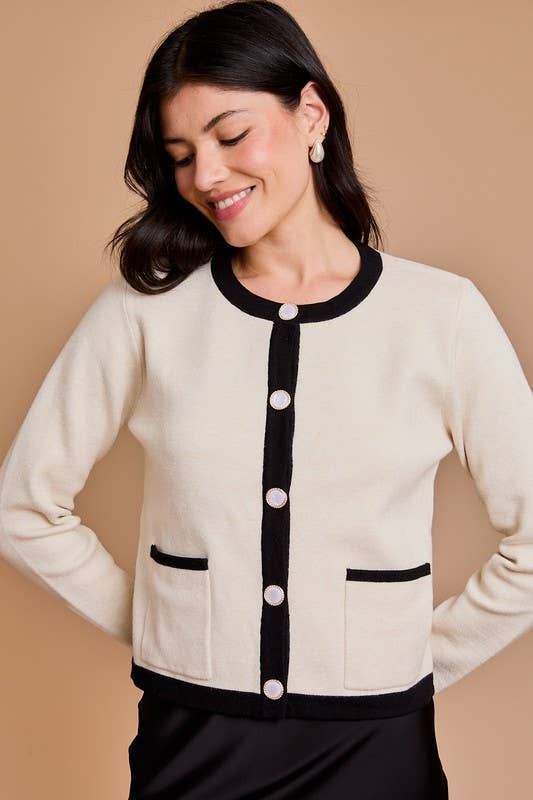 model is wearing a size small model specs, height: 5'10", bust: 32, waist: 25", hips: 35" Body Size: Contemporary Pattern: Contrast Style: Fabric: Rayon Length: Long Sleeve. Fitted Button-up Sweater With Pockets, Fitted Button-up Cardigan With Pockets, Fitted Sweater With Button Closure For Day Out, Fitted Cardigan With Button Closure For Day Out, Fitted Cardigan With Buttons For Day Out, Fitted Button Cardigan For Day Out, Baseball Hat Hairstyles, Short Stack, Short Jean Skirt