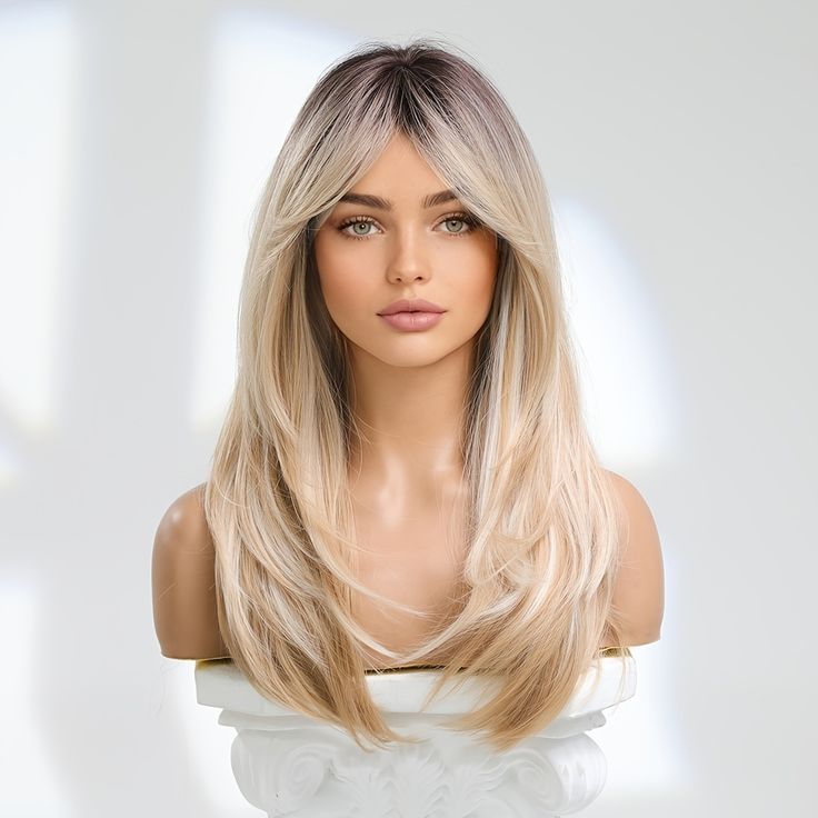 Faster shipping. Better service Blonde Wig With Bangs, Curling Straight Hair, Long Blonde Wig, Blonde Wigs, Long Bangs, Ombre Wigs, Wig With Bangs, Hair Replacement, Long Blonde