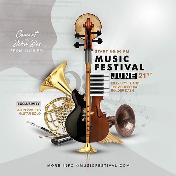 an advertisement for a music festival with musical instruments on the front and back cover,