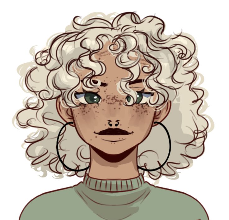 a drawing of a woman with curly hair and freckles on her face, staring at the camera