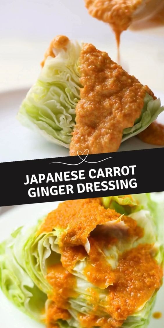 japanese carrot ginger dressing is being drizzled over lettuce leaves on a white plate