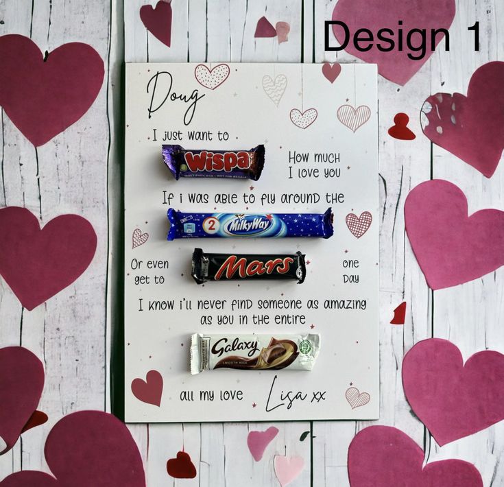 valentine's day card with candy bars and hearts