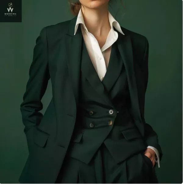 Dark Feminine Outfits, Women Wedding Suit, Three Piece Suit Women's, Green Suit Women, 3 Piece Suit Women, Wedding Suit Women, Dressy Pant Suits, Formal Suits For Women, Women Suits Wedding