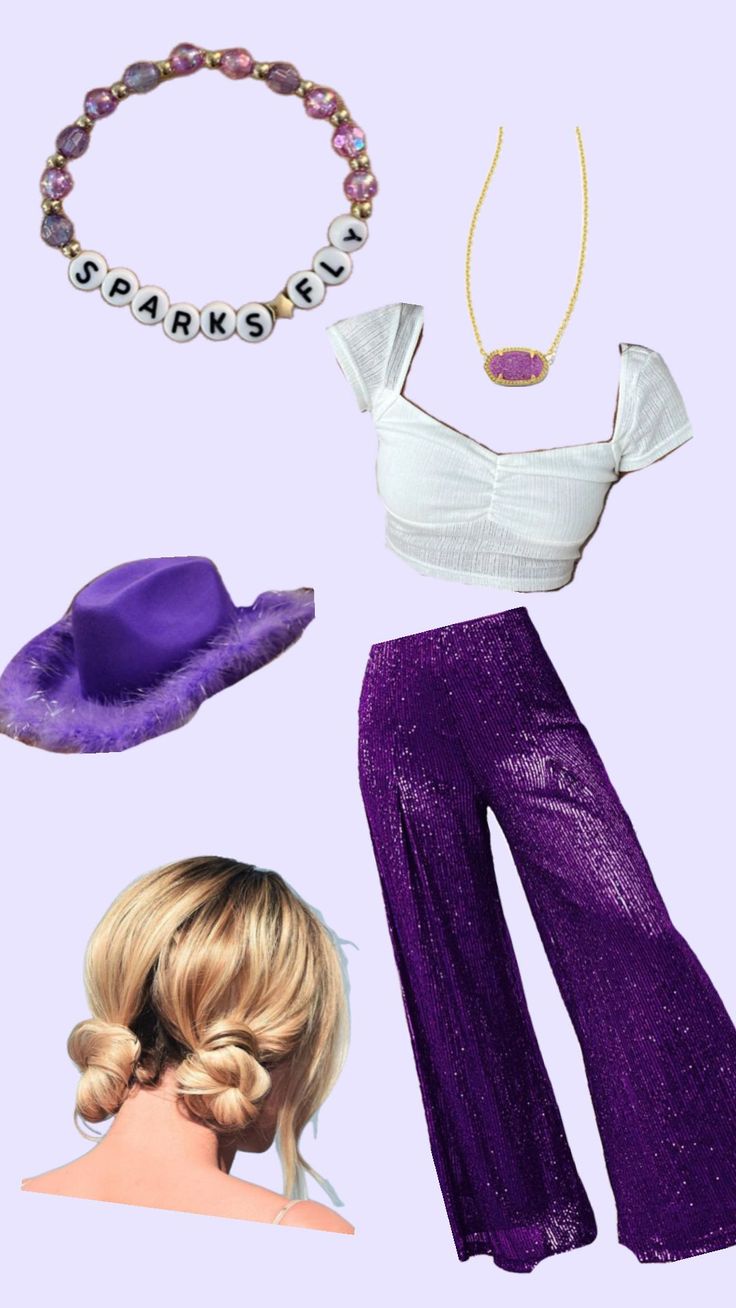 purple pants, white top and hat are featured in this collage with the same items