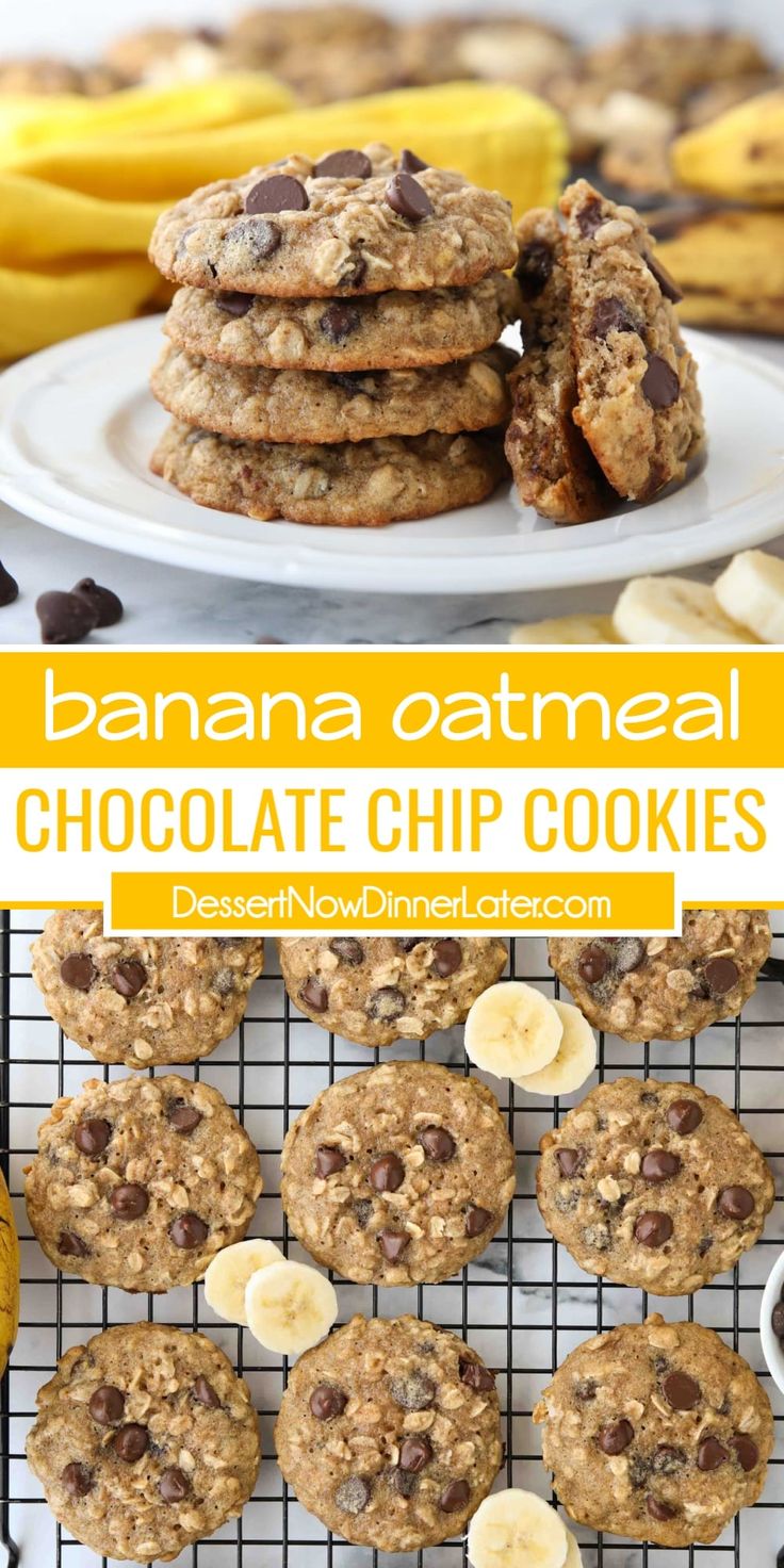 banana oatmeal chocolate chip cookies on a cooling rack with bananas in the background