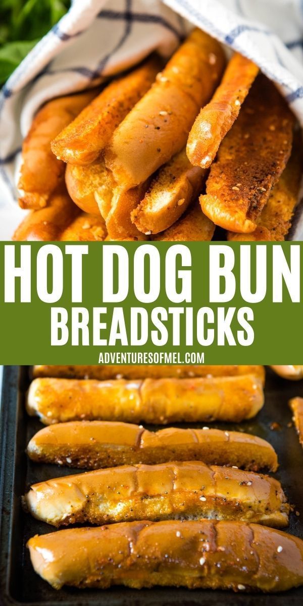 hot dog buns and breadsticks on a baking sheet with text overlay