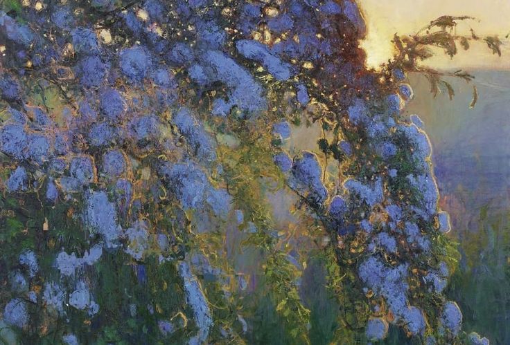 a painting of blue flowers in the sunlight