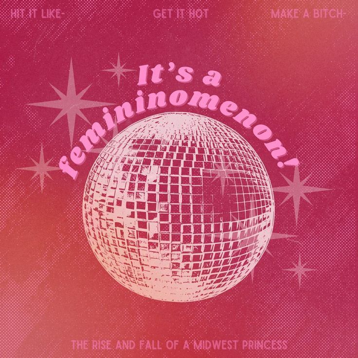 a pink poster with a disco ball in the middle and stars around it that says, it's a fehninoneon