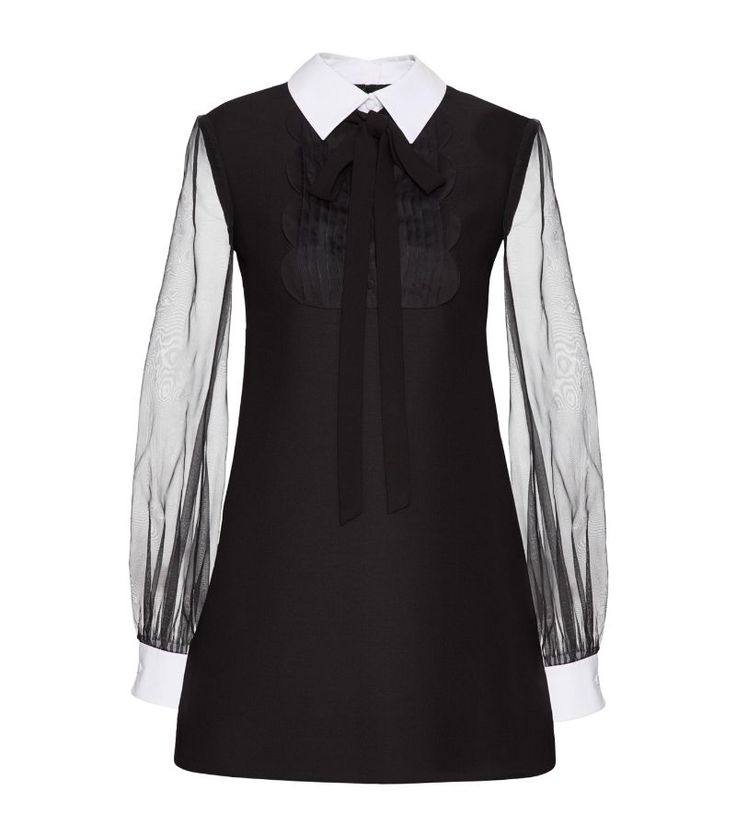 Find VALENTINO Wool-silk Shirt Dress on Editorialist. This preppy shirt dress from Valentino Garavani is more than ready for formal events and important meetings, with an elegant long-sleeve silhouette and crisp white collar offering a poised finish. Team the mini hemline with tights and a pair of iconic Rockstud pumps when the weather starts to cool. Black Dress With Collar, Formal Black Dress, Silk Kaftan Dress, Preppy Shirt, Silk Dress Vintage, Dress With Collar, Sleeve Silhouette, Silk Shirt Dress, Silk Kaftan