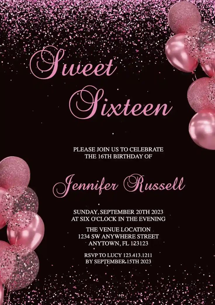 pink balloons and streamers are on the black background for this sweet sixteen birthday party