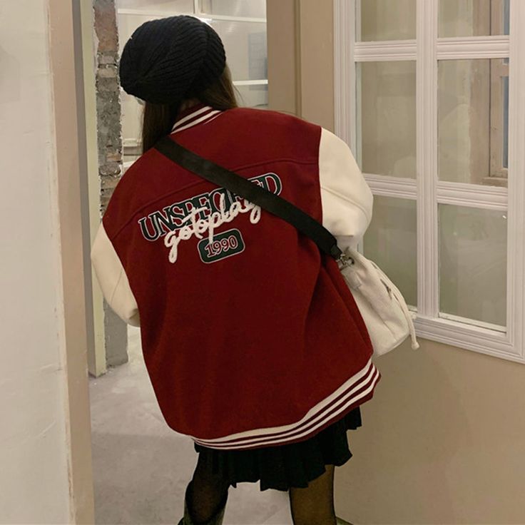 Color: Red, Size: One Size Red Outerwear For College In Fall, Red Outerwear For Fall, Trendy Red Outerwear For College, Red Varsity Outerwear With Patchwork, Winter Outerwear With Baseball Collar And Contrast Color, Red Patchwork Varsity Jacket, Red Long Sleeve Varsity Jacket With Patchwork, Vintage Red Outerwear With Stand Collar, Trendy Red Varsity Jacket With Long Sleeves