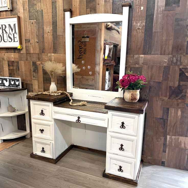 Maximize style and functionality with our Farmhouse Vanity. Featuring a rustic farmhouse design, this vanity adds charm and character to any bathroom while providing ample storage space. Upgrade your bathroom with this expertly crafted and timeless piece. DIMENSIONS: 53 3/4” (W) x 18" (D) x 32 1/4" (H) — Overall 29”(H) — Seat Area 23 3/4” (W) — Seat Area 16” (D) — Seat Area 43 1/2” (H) — Mirror 30 3/4” (W) Mirror 1" (D) Wooden Dresser With Mirror, Refinished Vanity Antique, Rustic Vanity Ideas Bedroom, Western Vanity Ideas, Rustic Makeup Vanity Ideas, Western Vanity, Country Vanity, Refinished Vanity, Farmhouse Makeup Vanity