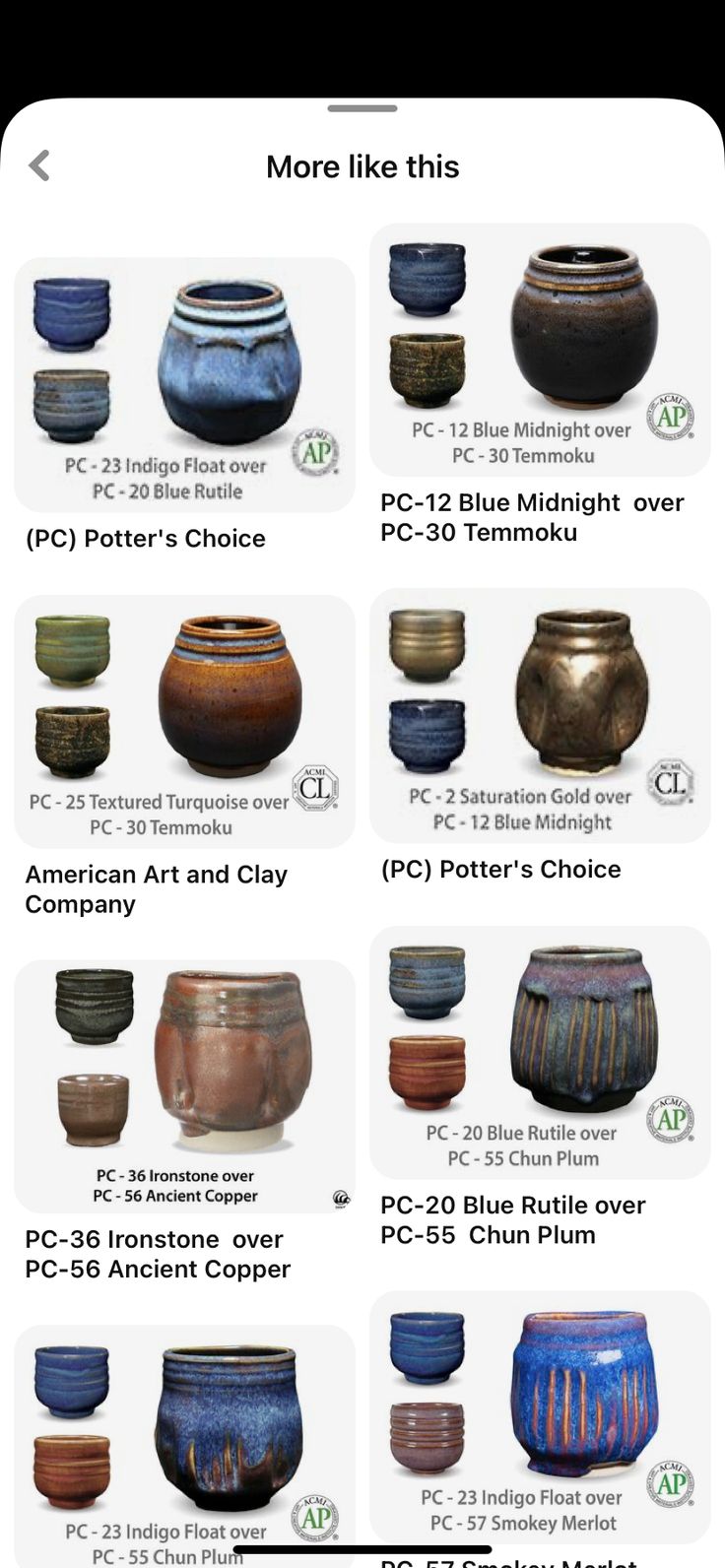 an iphone screen showing different types of pottery