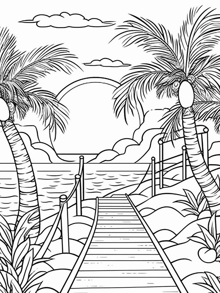 a black and white drawing of a tropical beach scene with palm trees, steps leading to the ocean