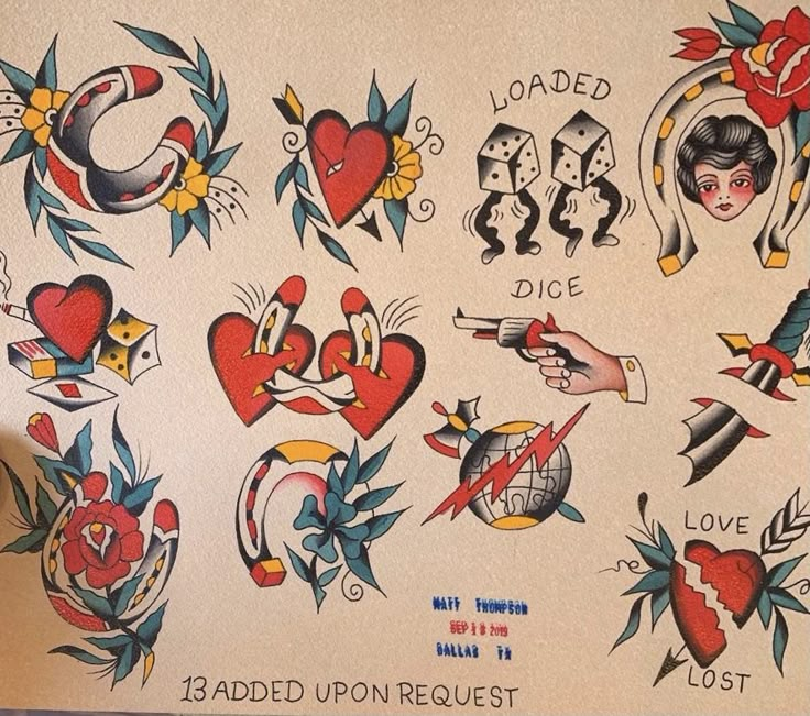 an old school tattoo flash sheet with hearts and arrows