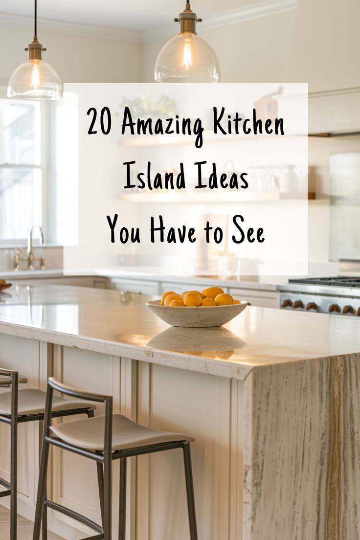 an island in the middle of a kitchen with two stools and a bowl of oranges on it