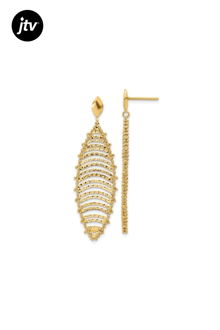 14K yellow gold polished, textured and diamond-cut finish dangle earrings. Measures approximately 1 15/16"L x 5/8"W and have post and push back closures. Gold Drop Earrings With Diamond Cut, Gold Linear Drop Earrings With Diamond Cut, Gold Polish, Diamond Cut, Diamond Cuts, Dangle Earrings, Yellow Gold, Texture, Yellow