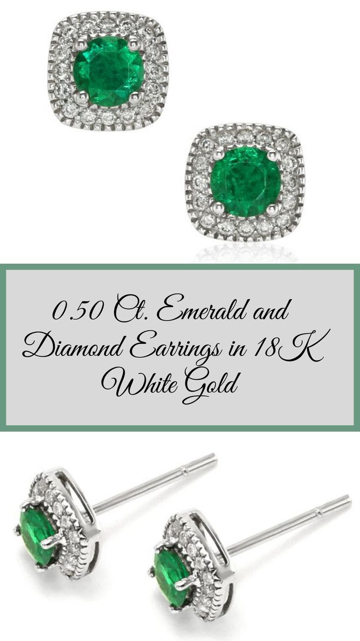 Round shaped 0.50 carat emerald and diamond earrings in 18K white gold. #diamondearrings #emeraldcutearrings #emeraldjewelryvintage #earringsdiamond #emeraldearringswedding Emerald Earrings Wedding, Emerald And Diamond Earrings, Emerald Earrings, Emerald Jewelry, Vivid Color, Natural Emerald, Brilliant Diamond, Zambia, Round Earrings