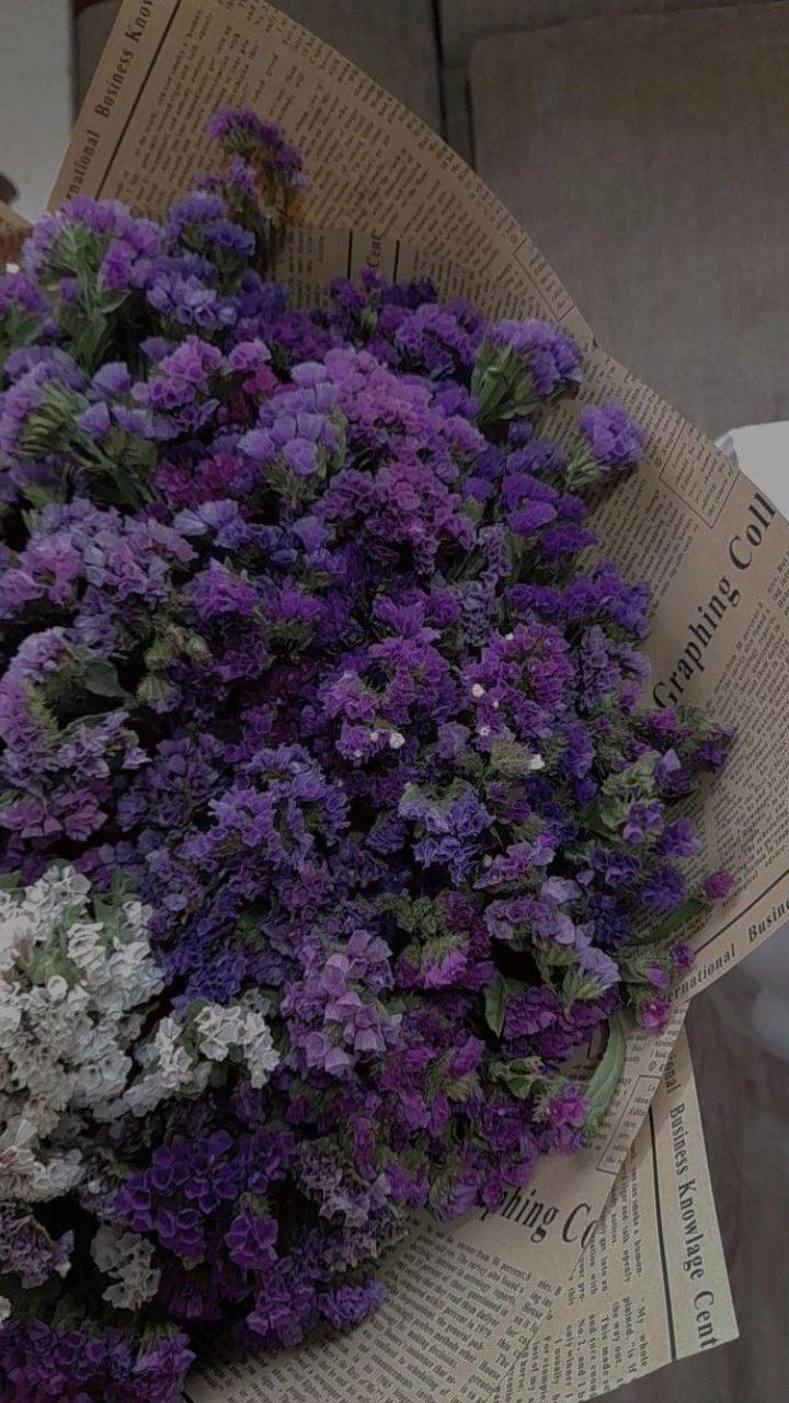 purple and white flowers sitting on top of newspaper