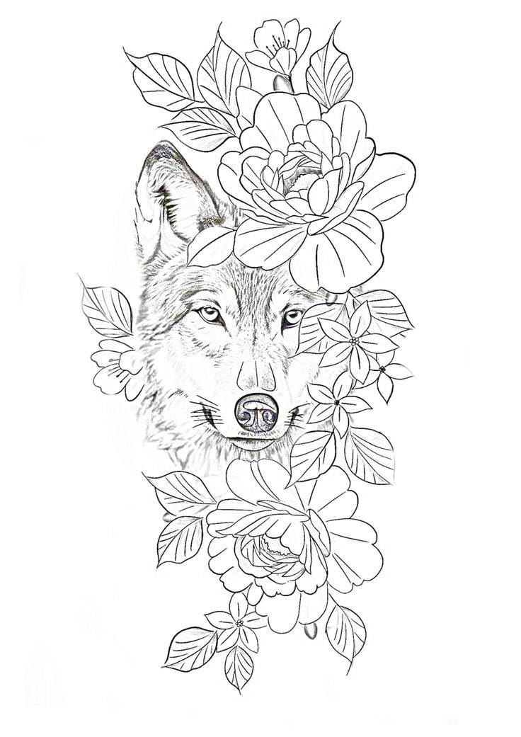 a drawing of a wolf with flowers on it's head and leaves around its neck