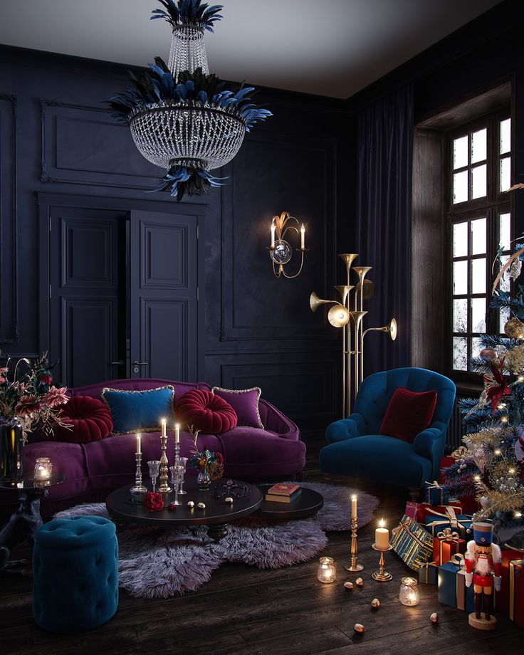 a living room filled with lots of furniture and christmas decorations on the floor next to a tree