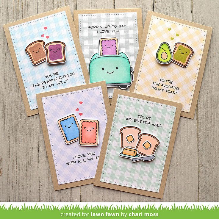 four handmade cards with toaster and bread on them