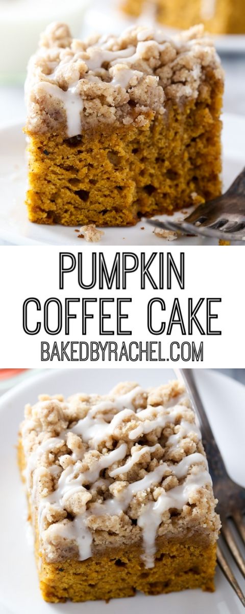 pumpkin coffee cake with white frosting on top