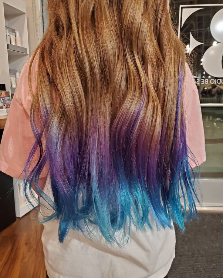 Colored Hair Tips Purple, Blue And Purple Tips Hair, Pink And Blue Tips Hair, Kids With Colored Hair, Hair Colored Tips, Blue And Purple Hair Highlights, Kids Highlights Hair, Kids Hair Color Ideas Girls Fun, Kids Hair Dye Ideas