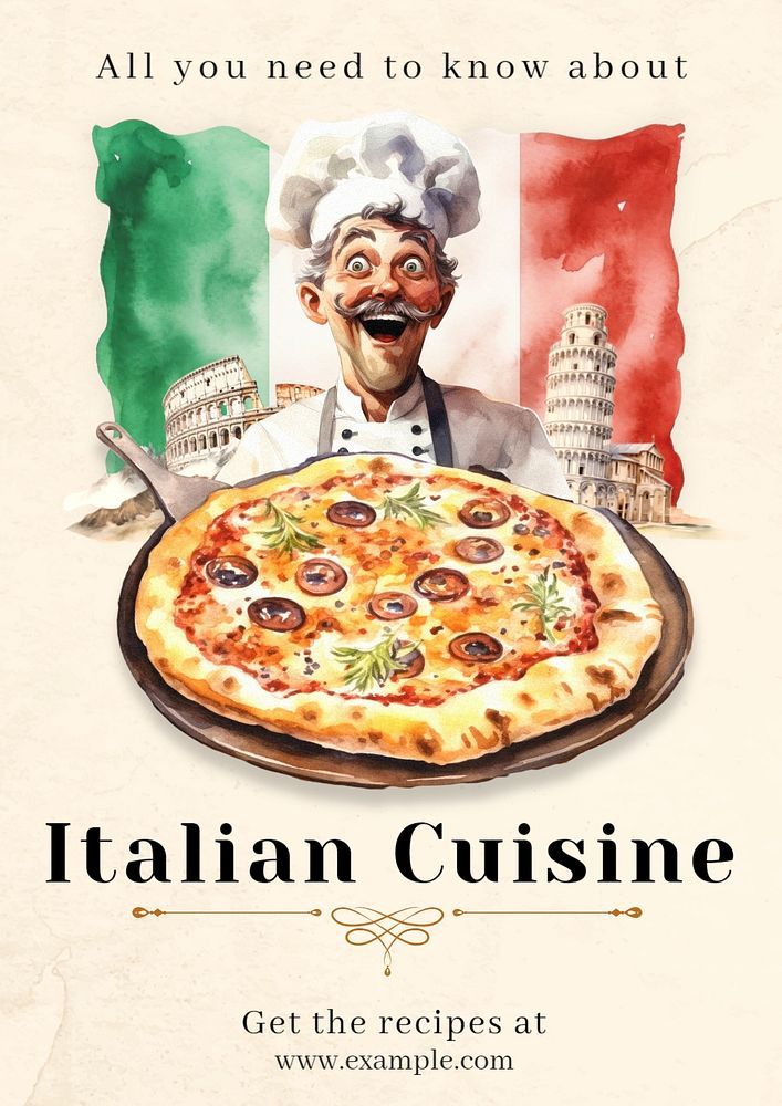 an italian cuisine advertisement with a chef holding a pizza