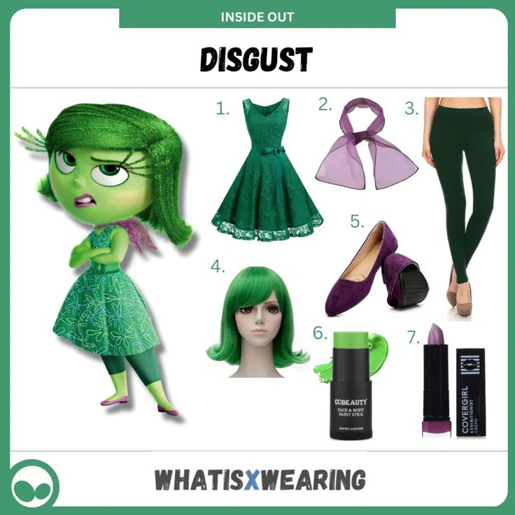 an assortment of items from inside out, including green hair and dress with purple shoes