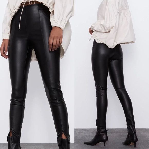 Zara Faux Leather Leggings Front Bottom Of Pant Zip Closures To Be Worn Zipped Or Unzipped New Chic Bottoms With Zipper Closure For Going Out, Chic Going Out Bottoms With Zipper Closure, Leather Pants With Zip Fly For Fall Workwear, Fall Leather Pants With Zip Fly For Work, Fall Workwear Leather Pants With Zip Fly, High Waist Leather Pants With Zipper For Fall, Chic Leather Pants With Zip Fly For Fall, Chic Faux Leather Bottoms With Zipper Closure, Fall High Waist Leather Pants With Zipper