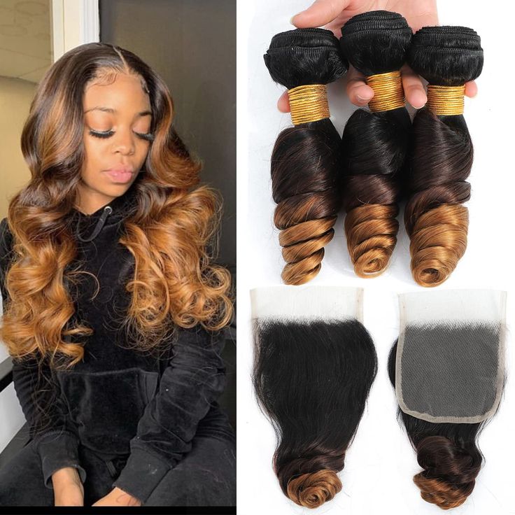 PRICES MAY VARY. Hair Material: 100 percent Malaysia Human Hair Bundles With Closure, Ombre Loose Wave Bundles and Closure and Baby Hair. Hair Bundles:95-100g/Bundle(3.3oz-3.5oz/bundle); Lace Closure:30-50g; 3 Bundles and Closure/pack (For the length, Stretching The Curly Hair to be STRAIGHT Then Measure it) Hair Color: T1B/4/30 Color Can be Straightened,Permed, Bleached,Highlighted,Curled or Styled as your own hair. Lace Color: Light Brown Lace, 150 percent density. Advantage:Double Machine Wef Best Hair Bundles On Amazon, Closure Weave, Quick Weave Hairstyles, Bundles With Closure, Hair Ombre, Human Hair Bundles, Hair Solutions, Hair Crush, Hair Life