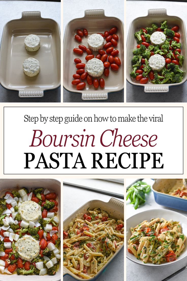 the steps to make boursin cheese pasta recipe are shown in four different pictures