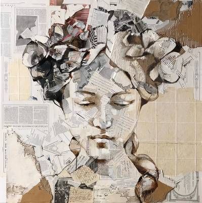 a collage of newspapers and paper with a woman's face in the middle