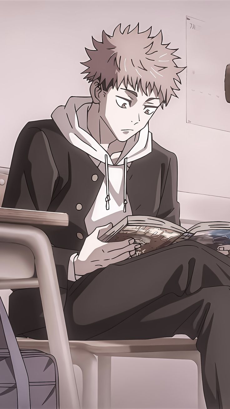 an anime character sitting on a chair with his legs crossed and looking at a book