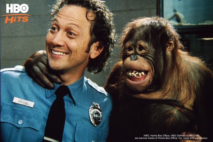 a man in blue shirt and tie standing next to an oranguta with mouth open