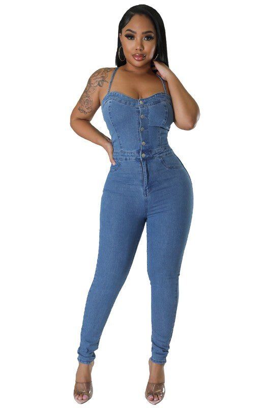 Judy Denim Sexy Jumpsuit - Fason De Viv Button Corset, Stretch Jumpsuit, Pants Model, Halter Jumpsuit, Sleeveless Jumpsuits, Denim Jumpsuit, Fashion Sale, Button Design, Cross Straps